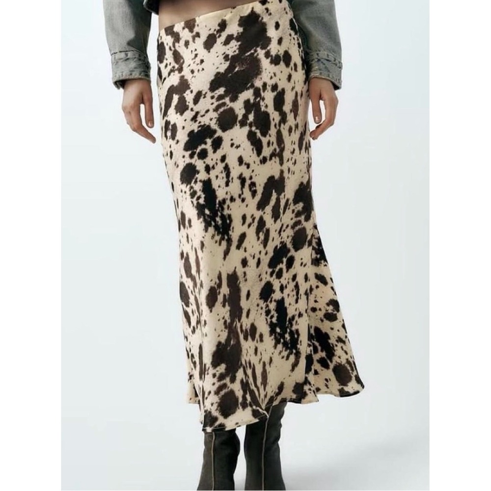 Zara Beige and Brown Cow Print Midi Skirt XS Animal Print Contemporary - Picture 2 of 5